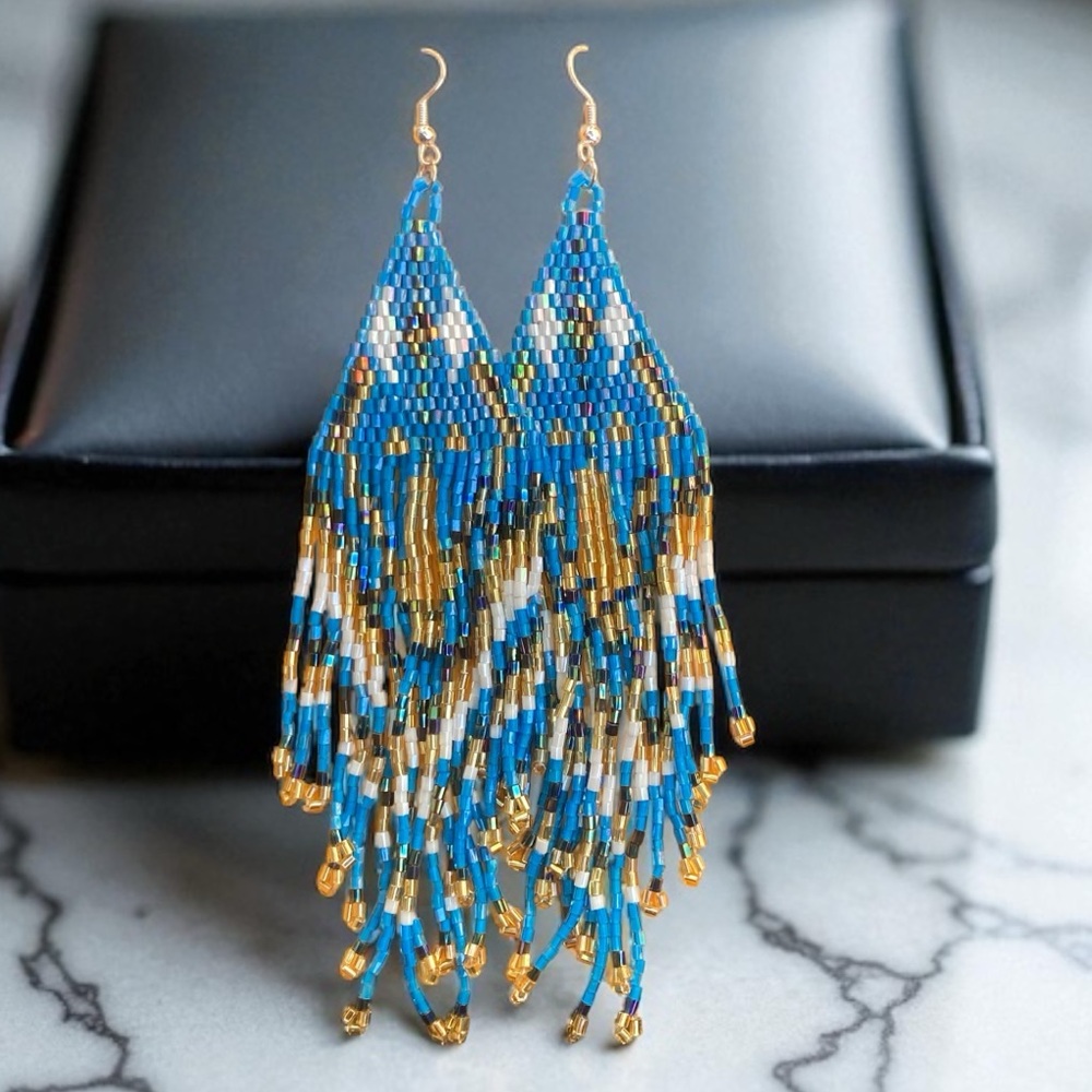 Gorgeous white and blue fringe bead earrings
